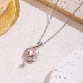 Exquisite silver necklace with a pink heart zircon, crescent moon and wing pendant design - Floral Wave Heart (Moon / Heart / Wings)