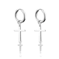 Polished silver stainless steel hoop earrings with layered cross pendants - Twin Cross / Steel / Ear Buckle