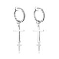 Polished silver stainless steel double cross pendant clip-on earrings for non-pierced ears - Twin Cross / Steel / Clip-On Earrings