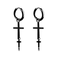 Gothic black stainless steel hoop earrings featuring cross pendant and fine metal chains - Twin Cross / Black / Ear Buckle