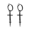 Black stainless steel clip-on hoop earrings featuring double cross dangle pendants - Twin Cross / Black / Clip-On Earrings