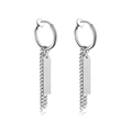 Silver stainless steel clip-on earrings with long chain and rectangular plate pendant - Round Tag / Steel / Clip-On Earrings