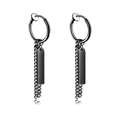 Minimalist black stainless steel clip-on earrings with punk chain and tag pendant - Round Tag / Black / Clip-On Earrings