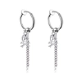 Silver stainless steel huggie hoop earrings with skull pendant and long metal chain - Skull / Steel / Clip-On Earrings