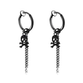Gothic style black stainless steel hoop earrings with skull charm and long metal chain - Skull / Black / Clip-On Earrings