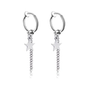 Silver stainless steel huggie hoop earrings with pentagram star charm and long chain fringe - Pentagram / Steel / Clip-On Earrings