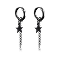 Black stainless steel hoop earrings with pentagram star pendant and long chain detail - Pentagram / Black / Ear Buckle