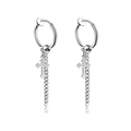 Silver stainless steel hoop earrings with hanging cross and Cuban chain charms - Cross / Steel / Clip-On Earrings