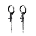 Black stainless steel hoop earrings with cross pendant and long chain tassels - Cross / Black / Ear Buckle
