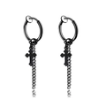 Black stainless steel cross earrings with chain link drop in matte finish for men and women - Cross / Black / Clip-On Earrings
