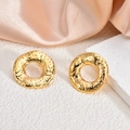 Minimalist 18K gold plated titanium steel earrings with irregular hammer texture design - Lava Texture Donut(EH119)