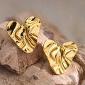 Vintage gold heart earrings in 304 stainless steel with textured crumpled finish - Vintage Pleated (EH007)