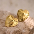 Textured gold heart stud earrings in 304 stainless steel with vintage shell pattern finish - Radial Wave (EH019)