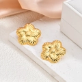 Elegant 18K gold-plated stainless steel five-petal flower stud earrings on marble stand - Radial Relief Floral(EH131)