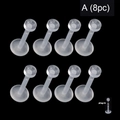 Macro detail of 8pc transparent acrylic piercing studs showing the plug-in connection design - Plug-in Labret/Earring Style (A)