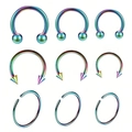 Set de nueve piercings de acero inoxidable arcoíris con aros y herraduras en varios tamaños - Multicolor