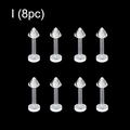 Set of 8 transparent acrylic labret studs with cone tops for piercings shown on black background - Flat Base Cone Top Style (I)