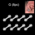 Macro detail of eight transparent acrylic barbell body piercings for ear and lip - Straight Barbell Style (G)
