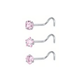 Set de 3 piercings de nariz de acero con circonitas rosas redondas, estrellas y corazones - Set C (Rosa - Forma Tornillo)