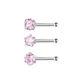 Set mit 3 silbernen Nasensteckern aus Edelstahl mit rosa Zirkonia in Herz- und Sternform - Set N (Rosa - Gerader Stab)