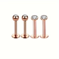 Détail de quatre piercings de lèvre en acier inoxydable rose doré avec zircons - 1.2x6x3mm / Style Or Rose