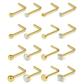 Set de 16 piercings de nariz en forma de L de acero inoxidable dorado con circonitas - Juego de 16 Piezas / Dorado
