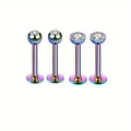 Vue macro de 4 piercings de lèvre en acier inoxydable irisé avec oxydes de zirconium - Style Multicolore