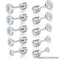 5 Paar silberne Edelstahl-Ohrstecker Set mit klaren Zirkonias in den Größen 2mm bis 6mm - Doppelte 2mm 3mm 4mm 5mm 6mm Kombination / Silber
