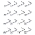 Set de 16 piercings para nariz en forma de L de acero inoxidable plata con circonita - Juego de 16 Piezas / Color acero