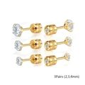Set of three pairs of gold stainless steel stud earrings with 2mm 3mm 4mm clear zircons - Double 2mm 3mm 4mm Combination / Gold