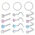 Set de 15 piercings de nariz en acero inoxidable con circonitas de corazón y estrella - Combinación Corazón Estrella y Redondo / Juego Multiculor