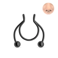 Detalle de aro de nariz para septum negro en acero con bolas y vista del efecto puesto - 0.8x10mm / Negro