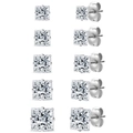 Detail of 5 pairs of square princess cut cubic zirconia stud earrings in varied sizes - Steel Color Prong White Zirconia Style