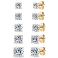 Set of five gold-plated square cubic zirconia stud earrings in varying sizes with 4-prong setting - Gold Color Prong White Zirconia Style