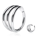 Polished silver stainless steel triple layered hinged clicker nose ring in open view - Style B / 1.2x8mm / Steel