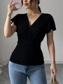 Slim fit black V-neck t-shirt with ruffle sleeves and waist pleats for a chic look - XS / Black