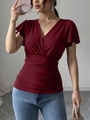 Slim fit wine red V-neck T-shirt with ruffle sleeves and stylish ruched bodice design - XS / Burgundy