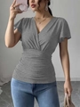 Slim fit grey V-neck short sleeve top with flutter sleeves and waist pleats for women - XS / Dark Gray