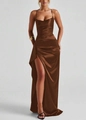 Detail of elegant dark brown satin maxi dress with thin straps and a draped neckline - Dark Brown