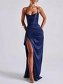 Elegantes marineblaues Satin-Maxikleid mit Spaghettiträgern und hohem Beinschlitz - XS / Kleider / Dunkelblau