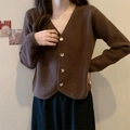 Women's V-neck knit cardigan in dark brown with silver buttons and a loose cropped fit - One Size / Coffee