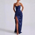 Elegant navy blue satin slip dress with adjustable straps and side slit - Dark Blue
