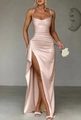 Elegant champagne satin evening maxi dress with ruched waist and high side slit - Apricot
