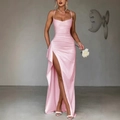 Elegant pink satin evening gown with spaghetti straps and high side slit detail - Pink