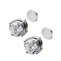Magnetic stainless steel stud earrings with clear round cubic zirconia and four-prong setting - Silver with White Zircon