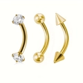 Trois barres courbées en acier doré avec zircon, boules et pointes de piercing - 1.2x6x3mm / Or