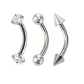 Détail de 3 piercings courbes en acier inoxydable avec zircon, boule et pointes - 1.2x6x3mm / Argent
