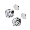 Silver stainless steel magnetic stud earrings with round cubic zirconia in four-prong setting - Round Steel Claw White Zirconia / 6mm