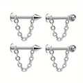 Set of 4 stainless steel silver labret studs with ball and cone heads and stylish chains - Spike And Ball Combo Style