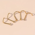 Vue détaillée de 5 piercings de nez en acier inoxydable doré avec zircon et cœur - Or